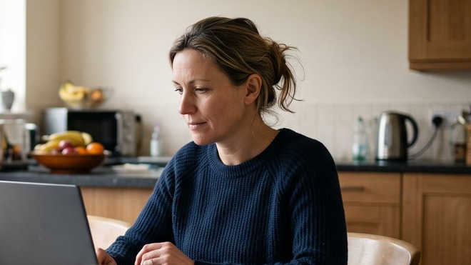 An adult learner working on a laptop at a kitchen table